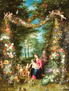 Jan Brueghel d.Ä., Hendrik van Balen, Blumen und Fruchtgirlande mit Maria und dem Kind  ©  Privatsammlung