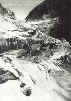. Konrad Henker, Taschach-Eis X, 2024, (Detail), Kaltnadel/Aquatinta  ©  Foto: Kunstausstellung Kühl