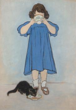 Maria Slavona, Mädchen und Katze, trinkend, 1895 © MdbK (Verwahrbestand) Maria Slavona, Mädchen und Katze, trinkend, 1895 © MdbK (Verwahrbestand)